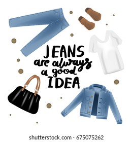 Vector realism illustration with modern jeans denim jacket and hand writing calligraphy.