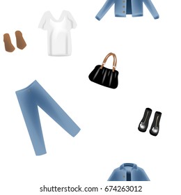 Vector realism pattern with hand drawn realism illustrations modern look jeans denim jacket.