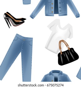 Vector realism pattern with hand drawn realism illustrations modern look jeans denim jacket.
