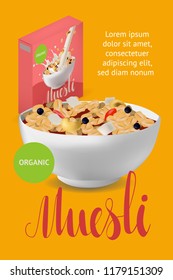 Vector realism poster, site or banner template with illustration muesli in bowl with milk or yogurt. Diet and healthy lifestyle concept and calligraphy text