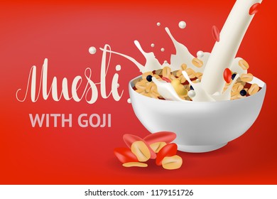 Vector realism poster, site or banner template with illustration muesli in bowl with milk or yogurt. Diet and healthy lifestyle concept and calligraphy text