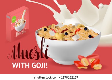 Vector realism poster, site or banner template with illustration muesli in bowl with milk or yogurt. Diet and healthy lifestyle concept and calligraphy text