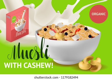 Vector realism poster, site or banner template with illustration muesli in bowl with milk or yogurt. Diet and healthy lifestyle concept and calligraphy text