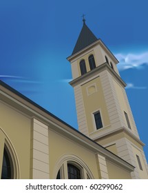 vector realistic 19-th century monastery with blue sky behind