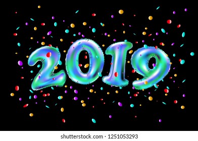 vector Realistic 2019 blue ballon. numbers and festive confetti, black background. holiday illustration. Happy New 2019 Year. Decoration element art