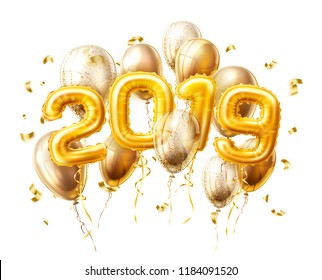 Vector realistic 2019 golden air balloons with confetti new year, merry christmas celebration decoration design elements. Traditional xmas party greeting symbols illustration isolated background