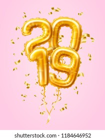 Vector realistic 2019 golden air balloons with confetti new year, merry christmas celebration decoration design elements. Traditional xmas party greeting symbols illustration pink background