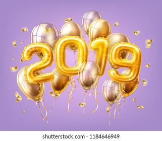 Vector realistic 2019 pink air balloons with confetti new year, merry christmas celebration decoration design elements. Traditional xmas party greeting symbols illustration purple background