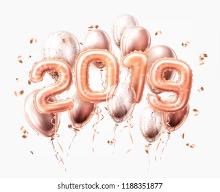 Vector realistic 2019 pink air balloons with confetti new year, merry christmas celebration decoration design elements. Traditional xmas party greeting symbols illustration isolated background