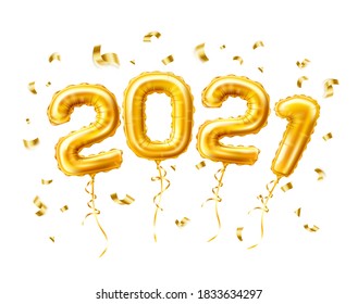 Vector realistic 2021 golden air balloons with confetti new year, merry christmas celebration template.