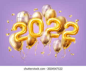 Vector realistic 2022 pink air balloons with confetti new year, merry christmas celebration decoration design elements. Traditional xmas party greeting symbols illustration purple background