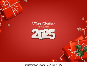 Vector realistic 2025 Christmas and New Year background, banner, flyer, greeting card, postcard. Square orientation. Red background with gift boxes and candles with mistletoe.