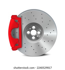 Vector realistic, 3D auto brake disc and red caliper isolated on white background.