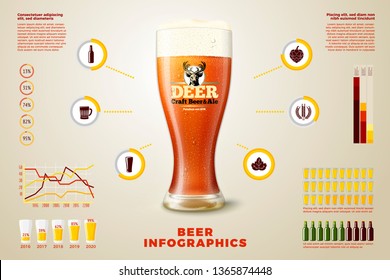 Vector realistic 3d beer bottle with business infographics, icons and charts isolated on bright background.