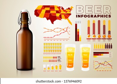 Vector realistic 3d beer bottle with business infographics, icons and charts isolated on bright background.