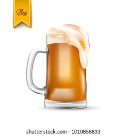 Vector realistic 3d beer glass with thick foam. Refreshing mug, cup of ale lager beer with bubbles with exploding mesh froth. Oktoberfest, alcohol drink advertising poster design