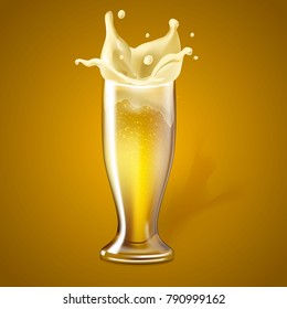 Vector realistic 3d beer glass with splashing foam. Refreshing mug, cup of ale lager beer with bubbles with exploding froth from toasting saluting. Oktoberfest, alcohol drink advertising poster design
