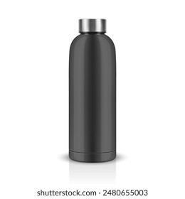 Vector Realistic 3D Black Blank Glossy Reusable Water Bottle with Silver Bung Closeup Isolated. Design Template of Packaging Mockup. Front View