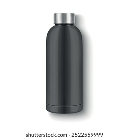 Vector Realistic 3D Black Blank Glossy Reusable Water Bottle with Silver Bung Closeup Isolated. Design Template of Packaging Mockup. Front View