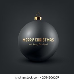 Vector Realista 3d Black Christmas Glass Ball con Golden Design, Mock-up, Closeup Aislado en Negro. Plantilla de diseño de navidad y bolera de decoración de juguetes de Año Nuevo para la mezcla. Vista frontal