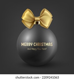 Vector Realistic 3d Black Christmas Glass Ball with Yellow Golden Silk Bow Closeup on Black Background. Design Template of Xmas and New Year Tree Toy Decoration Ball for Mockup. Front View