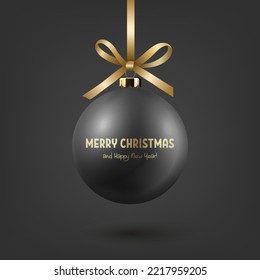 Vector Realista 3d Black Christmas Glass Ball con amarillo Golden Silk Bow Closeup on Black Background. Plantilla de diseño de navidad y bolera de decoración de juguetes de Año Nuevo para la mezcla. Vista frontal