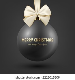 Vector Realista 3d Black Christmas Glass Ball con Blanco y Golden Silk Bow Closeup Aislado sobre fondo negro. Plantilla de diseño de navidad y bolera de decoración de juguetes de Año Nuevo para la mezcla. Vista frontal