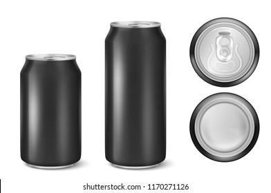 Vector realistic 3d black empty glossy metal black aluminium beer pack or can visual 330ml 500ml. Can be used for lager, alcohol, soft drink, soda, fizzy pop, lemonade, cola, energy drink, juice