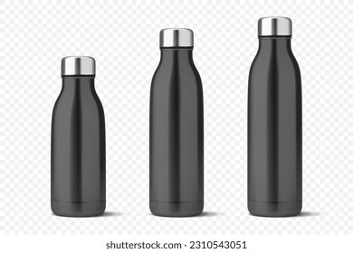 Vector Realistic 3d Black Empty Glossy Metal Reusable Water Bottle with Silver Bung Set Closeup Isolated. Design template of Packaging Mockup. Front View