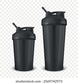 Vector Realistic 3D Black Empty Glossy Metal Shaker Bottle With Black Cap for Fitness Sports Nutrition Supplement Workout Hydration Closeup Isolated. Packaging Mockup Design Template