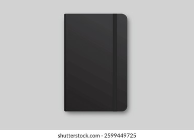 Vector realistic 3d black hardcover notebook and bookmark isolated on background. For the business presentation journal, notepad, booklet, catalogue, publisher, advertising corporate
