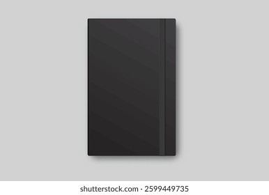 Vector realistic 3d black hardcover notebook and bookmark isolated on background. For the business presentation journal, notepad, booklet, catalogue, publisher, advertising corporate
