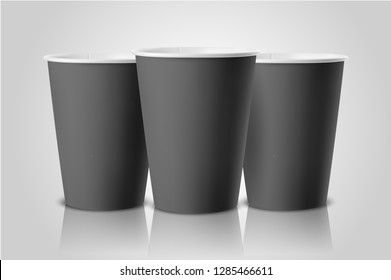 Vector Realistic 3d Black Paper Disposable Cup Set Closeup Isolated on White Background. Design Template of Paper Mug for Graphics, Mockup, Packaging. Front view