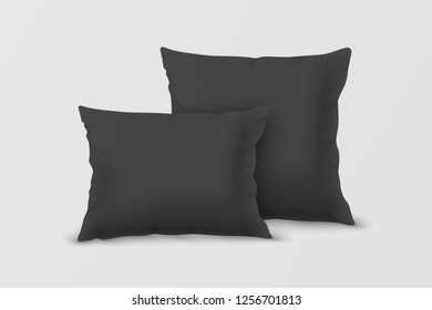 Vector Realistic 3d Black Pillow Set Closeup Isolated on White Background. Elements of Bedroom, Home, Hotel Decor. Design Template of Square and Rectangular Pillows for Graphics and Mockup. Front view