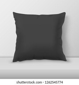 Vector Realistic 3d Black Pillow Closeup on Table, Shelf Closeup on White Wall Background, Mock-up. Empty Square Pillow Design Template for Mockup, Branding, Logo Print. Home, Hotel Decor. Front view