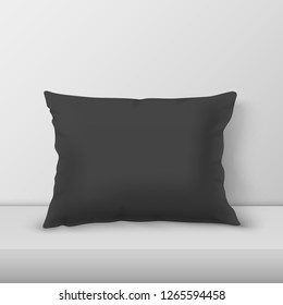 Vector Realistic 3d Black Pillow Closeup on Table, Shelf Closeup on White Wall Background, Mock-up. Empty Pillow Design Template for Mockup, Branding, Logo Print. Home, Hotel Decor. Front view