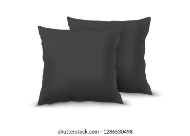 Vector Realistic 3d Black Pillow Set Closeup Isolated on White Background. Elements of Bedroom, Home, Hotel Decor. Design Template of Square Pillows for Graphics and Mockup. Front View