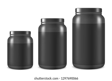 Vector Realistic 3d Black Plastic Jar, Can with Lid Set Closeup Isolated on White Background. Design Template of Whey Protein, Sport Powder, Vitamins, BCAA, Pills, Caps for Mockup. Front View