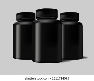 Vector realistic 3d black plastic jug, can with the cap set closeup on a white background. Template design of whey protein, sports protein, vitamins, BCAA, tablets, capsules for the layout. 
