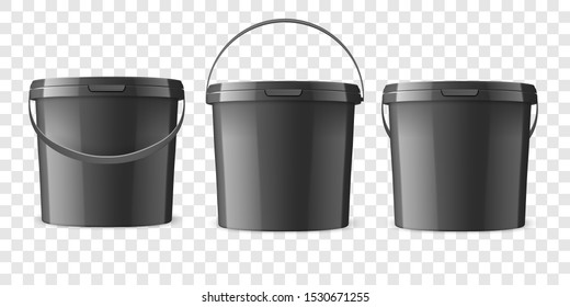 Vector Realistic 3d Black Plastic Bucket for Food Products, Paint, Foodstuff, Adhesives, Sealants, Primers, Putty Set Isolated. Design Template of Packagin for Mockup. Front view