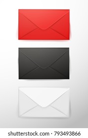 Vector realistic 3d black red white envelope empty post letter cover. Business post mail office documents, invitation message corporate identity design mockup template illustration isolated background