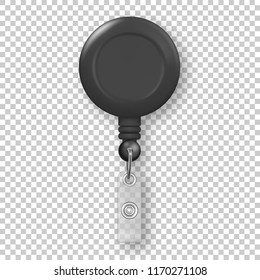 Vector Realistic 3d Black Round Reel Holder Clip For Graphic Id Card Badge Closeup Isolated On Transparency Grid Background. Design Template For Mockup