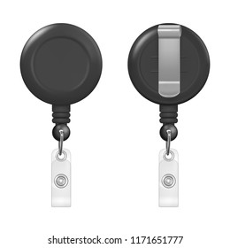 Vector Realistic 3d Black Round Reel Holder Clip For Graphic Id Card Badge Set Closeup Isolated On White Background. Front And Back View. Design Template For Mockup
