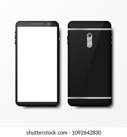 Vector realistic 3D black smartphone mockup front and back