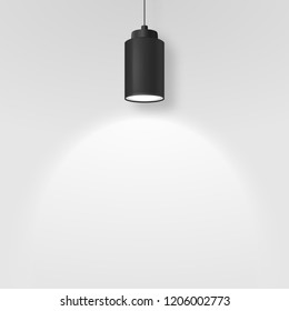 Vector Realistic 3d Black Spotlight, Hang Ceiling Lamp or Chandelier on Rope Illuminating the Wall Closeup on Grey Background. Design Template of Glowing Interior Spot Lamp with light