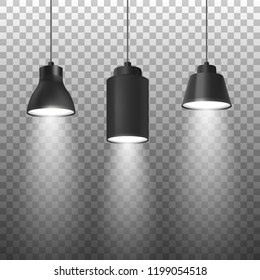 Vector Realistic 3d Black Spotlights or Hang Ceiling Lamp Set on Rope Closeup Isolated on Transparent Background. Design Template of Glowing Spots Lamps with light