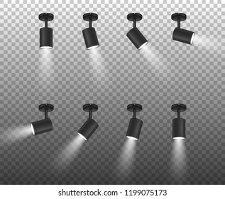 Vector Realistic 3d Black Spotlights Set in Different Slopes Closeup Isolated on Transparent Background. Design Template of Bright Lighting Glowing Spots with Ligh Effect for Ceremony, show, stage etc