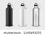 Vector realistic 3d black, white and silver empty glossy metal water bottle with black bung icon set closeup on transparency grid background. Design template of packaging mockup for graphics. Front