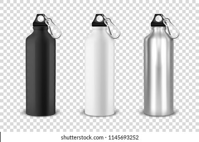 Vector realistic 3d black, white and silver empty glossy metal water bottle with black bung icon set closeup on transparency grid background. Design template of packaging mockup for graphics. Front - Shutterstock ID 1145693252