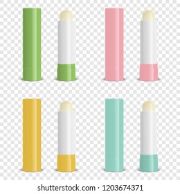 Vector Realistic 3d Blank Closed and Opened Lip Balm Stick Set - Green, Pink, Orange, Blue. Closeup Isolated on Transparent Background. Design Template for Cosmetic Packaging, Lipstick, Mockup